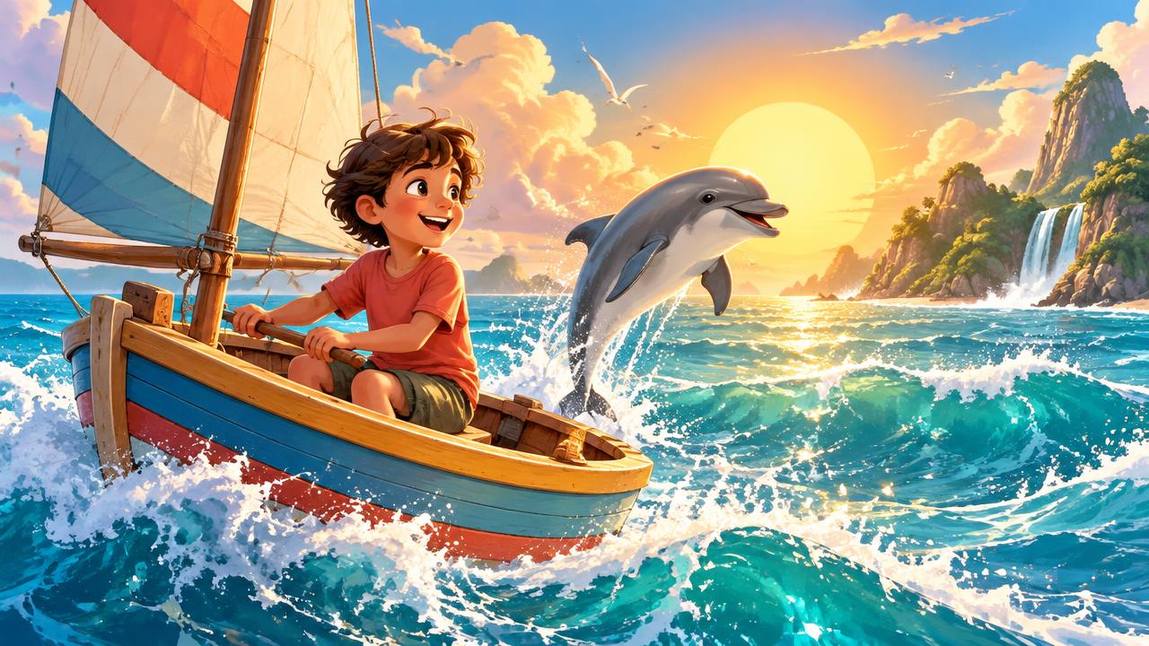 Illustrated scene from a MeTale animated video: a child sailing a boat on a sparkling ocean